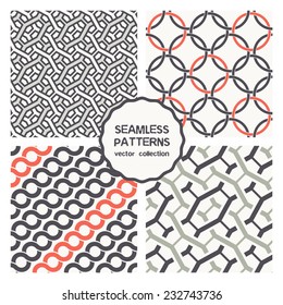 Vector set of four seamless patterns. Abstract geometric backgrounds. Vector illustration. Celtic theme, circles, interweaving grids