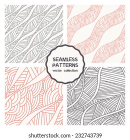 Vector set of four seamless patterns. Stylish collection with tileable swatches. Monochrome prints, backgrounds with linear doodles, scales, diagonal wavy stripes, hand drawn linear zentangle