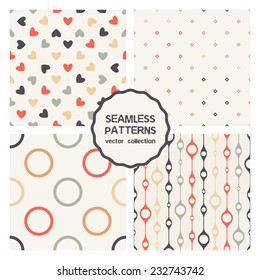 Vector set of four seamless patterns. Stylish collection of geometric patterns. Colorful holiday prints, backgrounds with rhombuses, circles, rings, hearts and swollen stripes