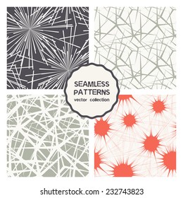 Vector set of four seamless patterns. Stylish collection with tileable swatches. Monochrome prints, backgrounds with stylized firework, bursts, smears, effect of cracks or irregular confused grid