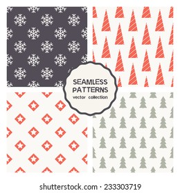 Vector set of four seamless patterns. Christmas repeating backgrounds. Holiday collection with stylized Christmas trees, snowflakes and stars. Cute patterns can be used for holiday textiles, packaging