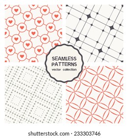 Vector set of four seamless patterns. Stylish collection of geometric patterns. Colorful holiday prints, backgrounds with rotated dotted rhombuses, grid with circles and hearts