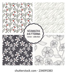 Vector set of four seamless patterns. Floral repeating backgrounds. Stylish collection of swatches which can be used for any purpose: wallpaper, tissue, packaging paper, prints for covers, etc.