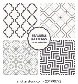 Vector set of four seamless patterns. Repeating geometric tiles with striped squares, linear rhombuses, classical trellis