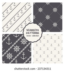 Vector set of four seamless patterns. Marine textures with anchors, chains and steering wheels. Vector stylish monochrome prints