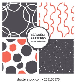 Vector set of four seamless patterns. Colorful rings, confetti, ribbons and garlands. Funny carnival backgrounds. Festival cheerful textures