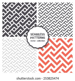 Vector set of four seamless patterns. Repeating geometric tiles with rectangular puzzles, linear grids, classical trellis and herringbone