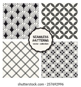 Vector set of four seamless patterns. Linear trellis, shells, simple square grid, regular repeating backgrounds. Monochrome collection. Modern graphic design.