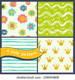 Vector set of four seamless patterns. Modern stylish texture. Cute and colorful background for your design.