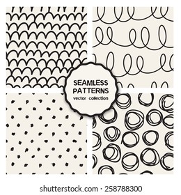 Vector set of four seamless patterns. Sketch backgrounds with waves, arches, rings and polka dots. Hand drawn hipster prints with doodles. Modern graphic design.