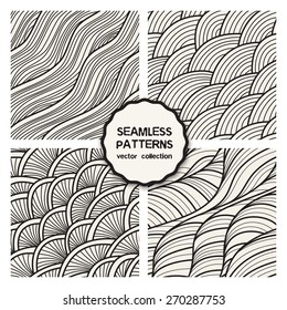 Vector set of four seamless patterns. Stylish tileable swatches. Monochrome hipster prints, backgrounds with linear doodles, scales, diagonal waves, hand drawn graphics made with graphics tablet