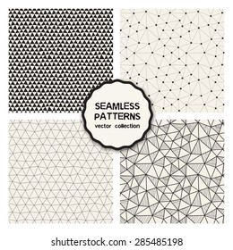 Vector set of four seamless patterns. Repeating geometric tiles. Collection of trendy textures with triangles. Stylish hipster prints. Hand drawn sketch style. Monochrome graphic design.