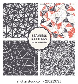 Vector set of four seamless patterns. Monochrome triangles with confetti. Funny carnival backgrounds. Festival cheerful textures. Hipster modern graphic design.