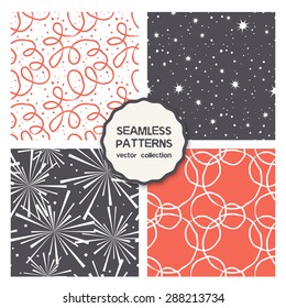 Vector set of four seamless patterns. Colorful rings, confetti, ribbons and garlands. Funny carnival backgrounds. Festival cheerful textures. Hand drawn hipster prints.