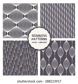 Vector set of four seamless patterns. Abstract stylish background with bundles of lines strapped. Stylized holiday garland, dotted stripes. Linear modern textures.