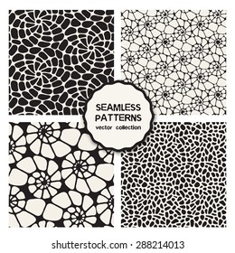 Vector set of four seamless patterns. Repeating backgrounds with scrolls, spots, shells. grid with spiral smooth elements. Stylish collection of swatches. Monochrome graphic design.