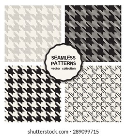 Vector set of four seamless patterns. Classic simple houndstooth, dotted and striped stylish prints. Modern stylization of traditional print.