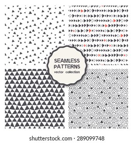 Vector set of four seamless patterns. Repeating geometric tiles. Collection of trendy textures with triangles. Stylish hipster prints in sketch style. Hand drawn modern graphic design.