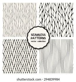 Vector set of four seamless patterns. Stylish tileable swatches. Monochrome creative prints, backgrounds with linear doodles, grids, waves, hand drawn graphics.