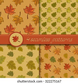 Vector set of four seamless patterns with colored autumn leaves, in soft colors.