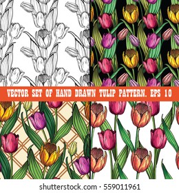 Vector set of four seamless patterns with bright beautiful hand drawn tulips. 