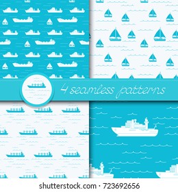 Vector set of four seamless patterns with ships: bulk carrier, dry cargo ship, yacht, sailboat. 
