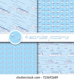 Vector set of four seamless patterns with ships: tanker, bulk carrier, dry cargo ship, yacht, sailboat. 