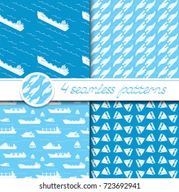 Vector set of four seamless patterns with ships: bulk carrier, dry cargo ship, yacht, sailboat. 