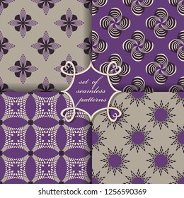 Vector set of four seamless patterns.Decorative striped flowers, shape. Can be used for wallpapers, fill images, web page, background, surface