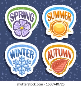 Vector set for Four Seasons, 4 cut out decorative seasonal badges with words, summer with warm sunshine sun, winter with blue snow flake, spring with lilac sharon bloom, autumn season with orange leaf