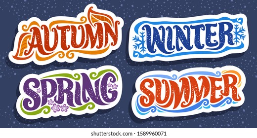 Vector set for Four Seasons, 4 cut out decorative seasonal badges with words and confetti, summer with sea waves, winter with blue snow flakes, spring with lilac bloom, autumn season with orange leaf.