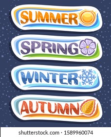 Vector ambientado para Four Seasons, 4 cortes de carteles horizontales estacionales con tipografía de brocha, verano con sol cálido, invierno con copos de nieve azul, primavera con flor floral, temporada de otoño con hojas de otoño anaranjadas.