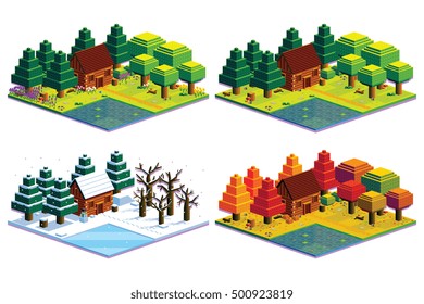 Vector Set Of Four Seasons Forest Scene Isolated Illustration