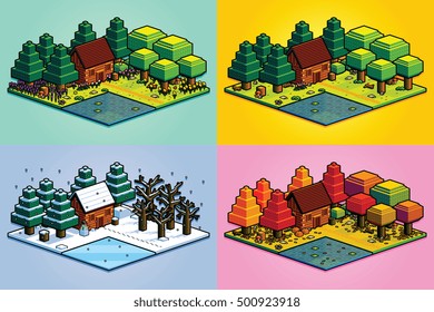 Vector Set Of Four Seasons Forest Scene Isolated Illustration