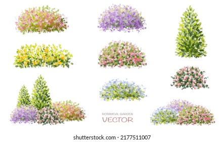 Vector set of four seasons ,watercolor blooming flower tree side view isolated on white background for landscape and architecture drawing,elements for environment or and garden,botanical elem
