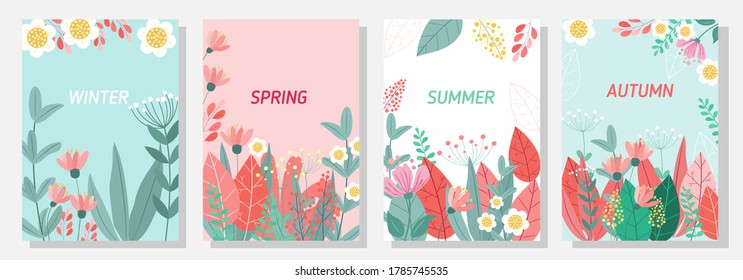 Vector set four seasons, winter, spring, summer, autumn, flowers and leaf design template, banner, cover, template, postcard.