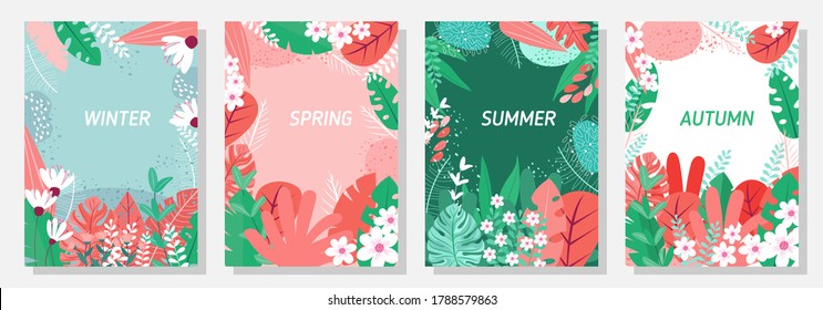 Vector set four seasons, winter, spring, summer, autumn, flowers and leaf design template, banner, cover, templates, postcard.
