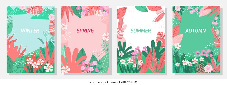 Vector conjunto cuatro estaciones, invierno, primavera, verano, otoño, flores y plantilla de diseño de hojas, banner, cubierta, plantillas, postal.