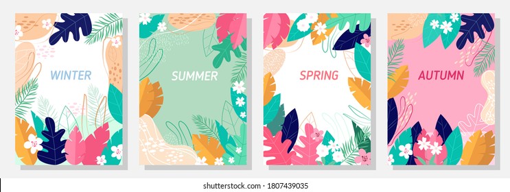 Vector set four seasons, winter, spring, summer, autumn, flowers and leaf design template, banner, cover, templates, postcard.