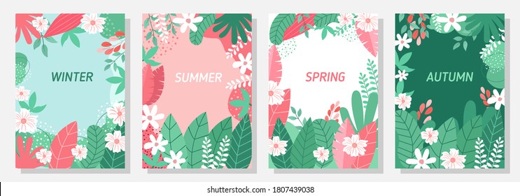 Vector conjunto cuatro estaciones, invierno, primavera, verano, otoño, flores y plantilla de diseño de hojas, banner, cubierta, plantillas, postal.