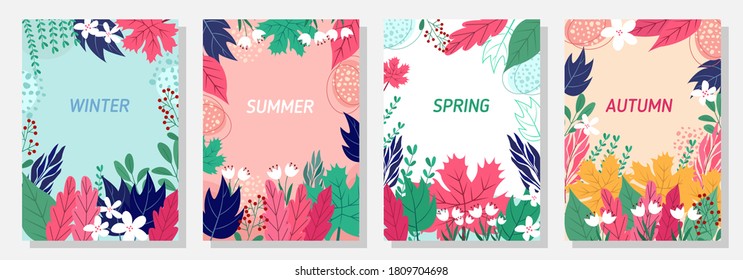 Vector set four seasons, winter, spring, summer, autumn, flowers and leaf design template, banner, cover, templates, postcard.