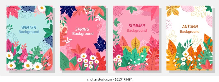 Vector set four seasons, winter, spring, summer, autumn, flowers and leaf design template, banner, cover, templates, postcard.