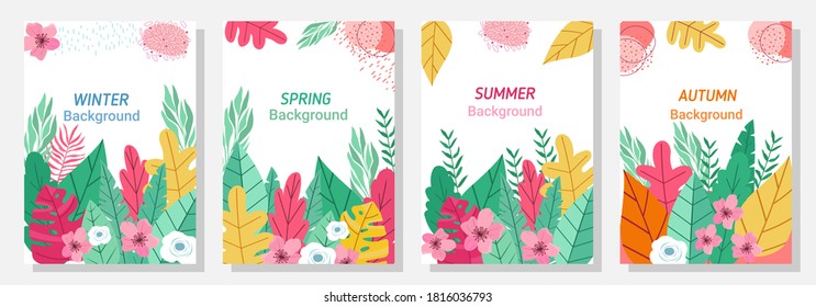 Vector set four seasons, winter, spring, summer, autumn, flowers and leaf design template, banner, cover, templates, postcard.