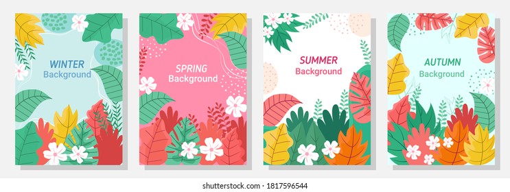 Vector set four seasons, winter, spring, summer, autumn, flowers and leaf design template, banner, cover, templates, postcard.