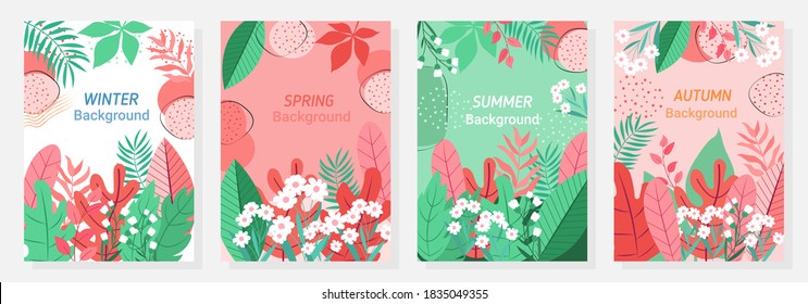 Vector set four seasons, winter, spring, summer, autumn, flowers and leaf design template, banner, cover, postcard.
