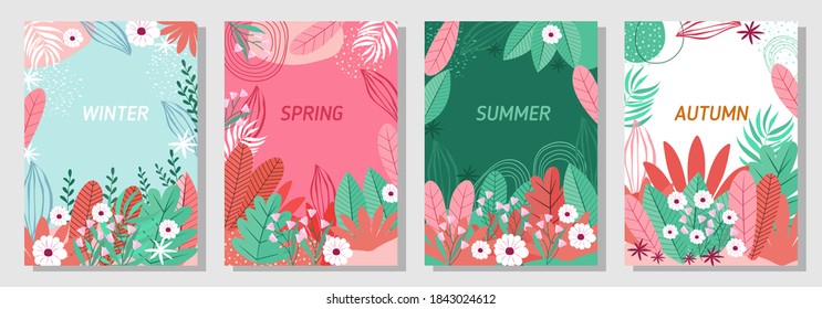 Vector set four seasons, winter, spring, summer, autumn, flowers and leaf design template, banner, cover, postcard.