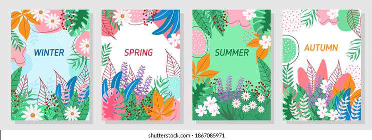 Vector set four seasons, winter, spring, summer, autumn, flowers and leaf design template, banner, cover, postcard.