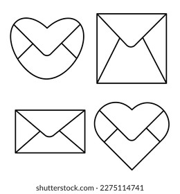 Vector set of four signs hand drawn icons, envelopes heart round, heart sharp, square and rectangle of different shapes in black. Doodle line stock