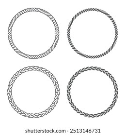 Vector set of four simple, round frames made of braided rope in various styles, isolated on a white background.