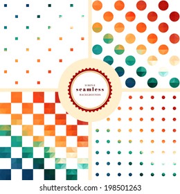 Vector set of four simple seamless backgrounds. Bright colors, geometric design. 